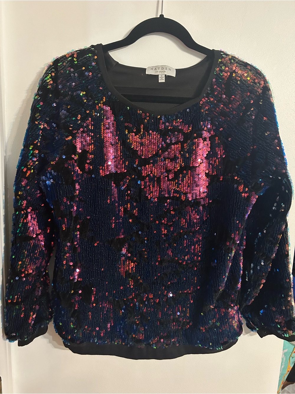 Hayden Navy Sequin Long-Sleeve Blouse with Iridescent Accents